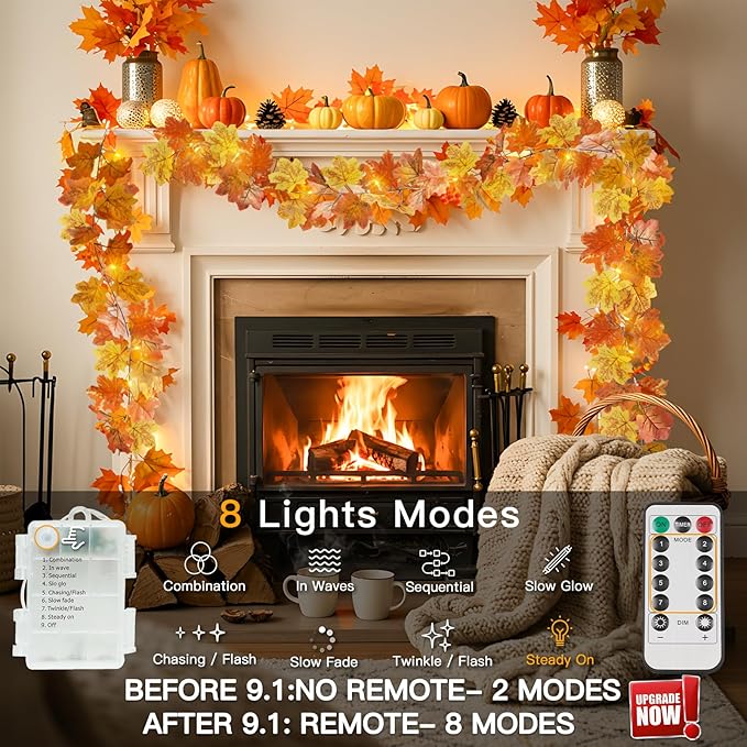 suddus Fall Leaves Garland with Lights, 20LED Battery Operated Fall Lights with Timer, Fall Decoration for Home, Table, Mantle, Office, Outdoor, Autumn, Halloween, Yellow