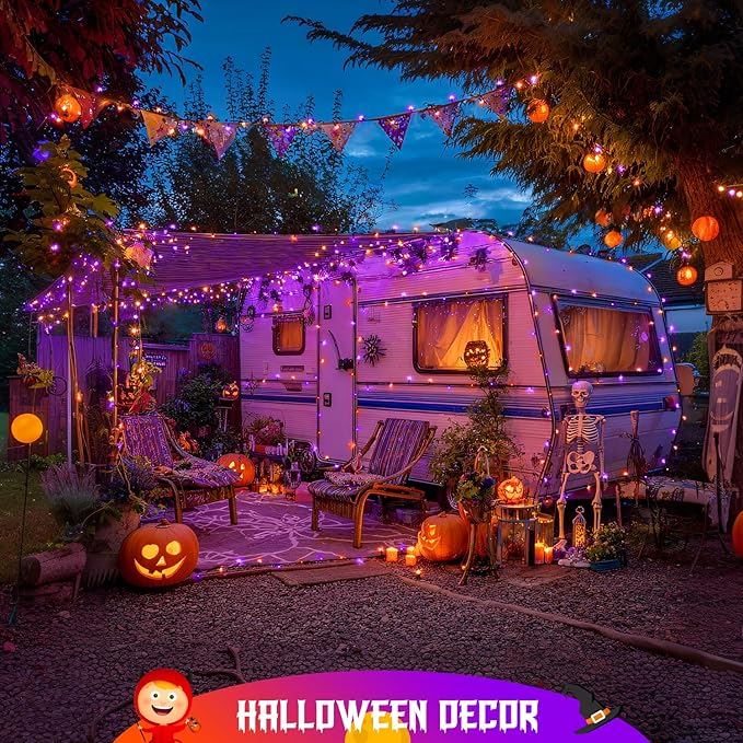 JMEXSUSS Orange and Purple Solar Halloween Lights, 2 Pack Total 400 LED Solar String Lights Outdoor Waterproof, 8 Modes Halloween Light for Outside Patio Yard Tree Decorations