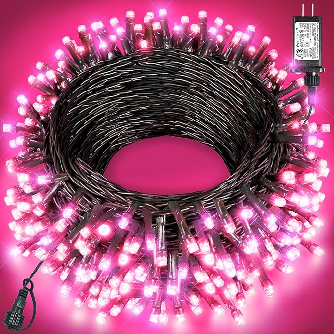 Christmas Lights Outdoor, 80FT 240 LED Christmas Tree Lights, Waterproof & 8 Modes & Timer, Connectable Green Wire String Light for Indoor Home Garden Xmas Party Holiday Decorations, Pink