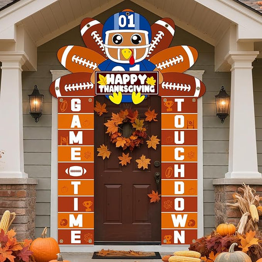 Thanksgiving Football Turkey Party Porch Banner Turkey Door Banner for Thanksgiving Decorations Hanging Porch Sign for Football Party Supplies Photo Backdrop Indoor Outdoor Wall Front Door Cover