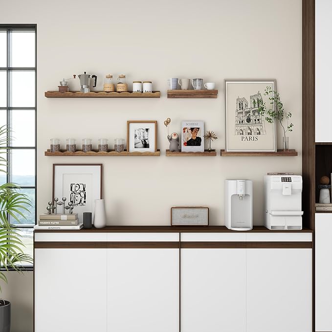 Fun Memories Picture Ledge Shelf for Wall, 24 inch Pine Wood Nursery Book Shelves Set of 2- Wall Book Shelves for Kids Room, Home Decor - Kitchen Spice-Carbonized