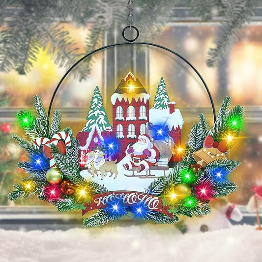 Light up Christmas Wreaths for Front Door, Welcome Metal Wooden Door Wreath Decor Hanging Sign, 30 LED Lighted Wall Decor Battery Operated for Halloween Indoor Outdoor (Santa Claus)