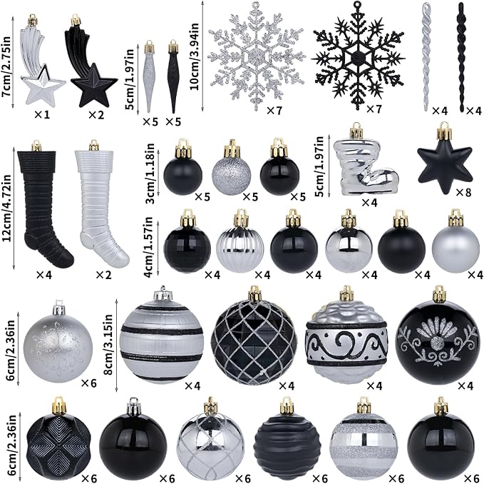 150PCS Black and Silver Christmas Ornaments - Shatterproof Ball Set, Assorted Baubles Hanging Decorations for Xmas Tree, Home, Festival, Party, Wedding