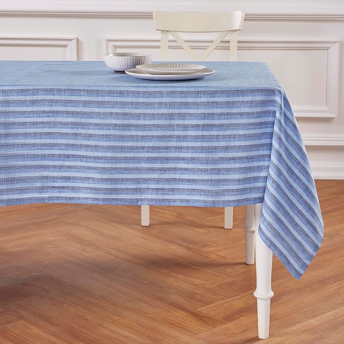 Solino Home Linen Tablecloth 60 x 120 Inch - Amalfi Stripe 100% Pure Linen Bistro Blue Table Cloth for Rectangle Tables - Machine Washable Tablecloth