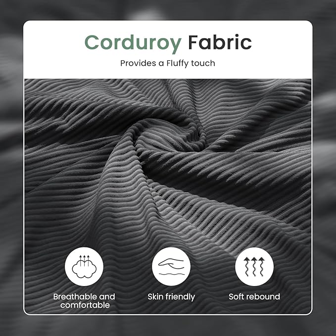 2 Pieces Corduroy Couch Set for Living Room, Black Cloud Sofa, Deep Seat Floor Couch for Bedroom, Futon Modern Sofa Sectional Bed, Black Corduroy