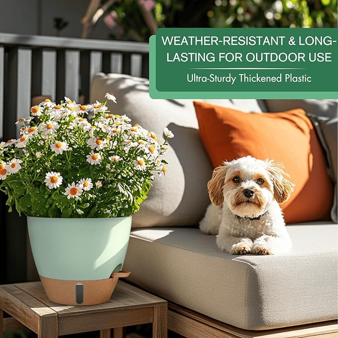 montresor 2 Pack 10 inch Plant Pots, PP Plastic Self Watering Planter with Drainage and Tray for Indoor Outdoor Plants, Water Level Window & Reservoir Flower Pots Decorative Planter (Green)