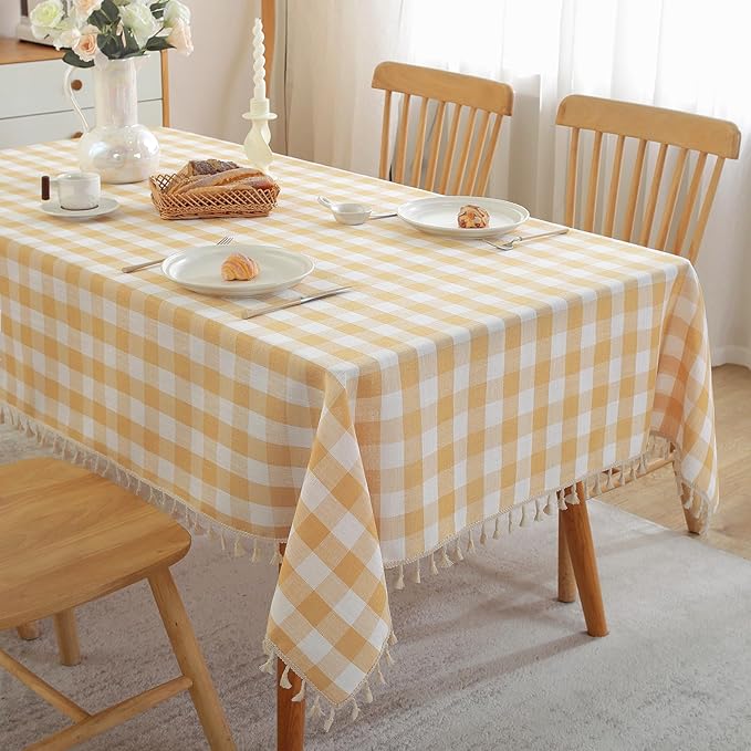 JIALE Gingham Tablecloth Square Cotton Linen Fabric Checkered Table Cloth with Tassel Washable Wrinkle Free Buffalo Plaid Table Cover for Outdoor Party Picnic Kitchen Dining, Yellow, 55x55