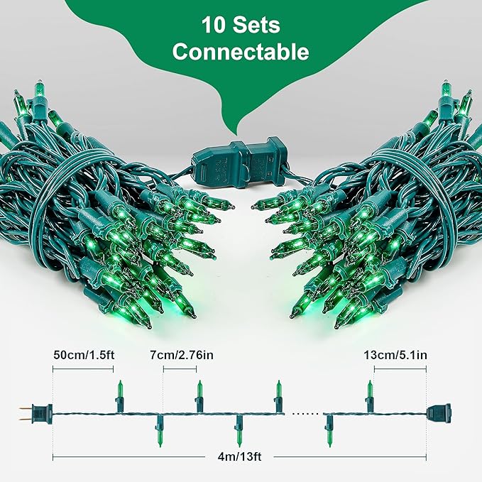 50-Count Green Christmas Tree Lights with Green Wire,13ft Incandescent Bulb Waterproof Fairy Lights，Plug in Mini String Lights for Holiday Decorations, Party, Xmas, Yard, Indoor & Outdoor