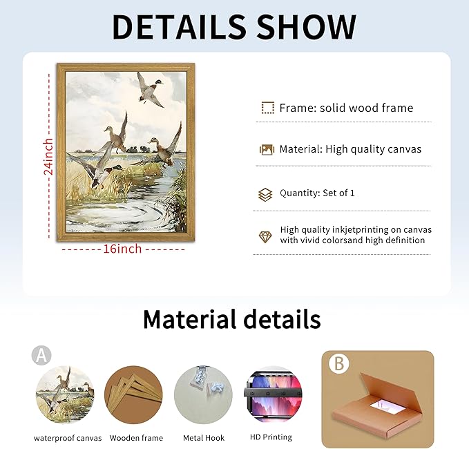 Framed Vintage Duck Wall Art Print, Rustic Mallard Watercolor Canvas Poster Wall Decor, Country Wildlife Bird Illustration for Farmhouse Living Room Kitchen Bedroom Decor 16x24 Inch