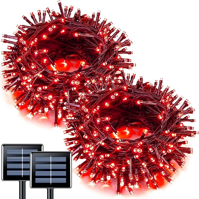 JMEXSUSS Total 200 LED Red Lights Halloween Outdoor, 2 Pack Solar Halloween Lights Outdoor Waterproof, 8 Modes Red Solar Light for Outside Christmas Tree Yard Garden Decor
