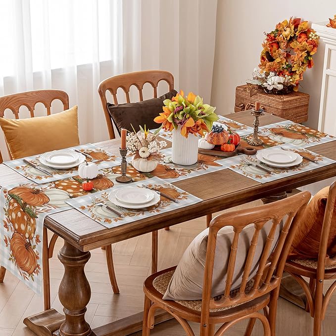 Romanstile Fall Placemats Set of 6-12 X 18 Inch - Thanksgiving Autumn Harvest Pumpkin Buffalo Plaid Place Mats, Stain Resistant Wipeable Table Mats for Party/Dining/Holiday- Grey Blue Checkered