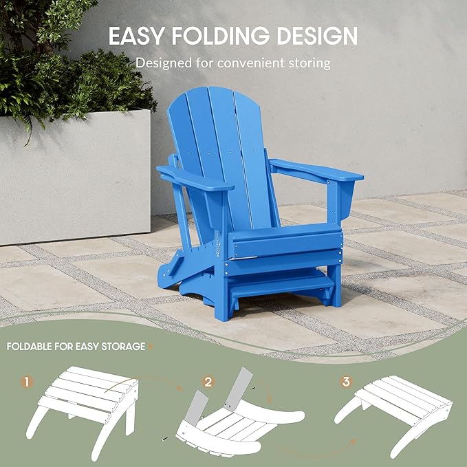 WestinTrends Outdoor Ottoman, Patio Adirondack Ottoman Foot Rest, All Weather Poly Lumber Folding Foot Stool for Adirondack Chair, Widely Used for Outside Porch Pool Lawn Backyard, Pacific Blue
