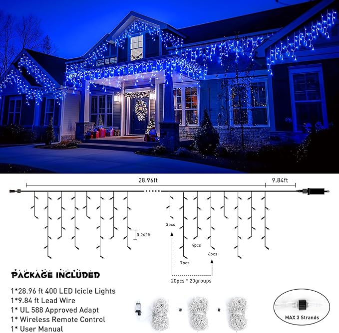 JMEXSUSS 400 LED Blue Icicle Lights for Outdise, 38.8 FT Christmas Icicle Lights Indoor Outdoor with 80 Drops, Blue Christmas Lights with Remote Plug in for House Fireplace Christmas Decorations