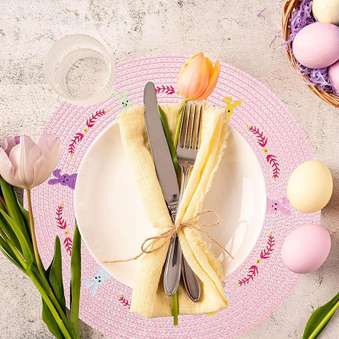 Whaline 4Pcs Round Bunny Easter Placemats Pink Rabbit Embroidered Place Mats Spring Cute Rabbit Dinner Table Mat Easter Dining Kitchen Table Mats for Home Wedding Baby Shower Birthday Party Decor