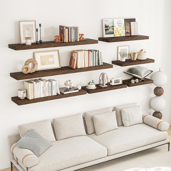 RICHFOCUS 55Inch Floating Shelves for Wall 2 Pack Shelves for Bedroom|Kitchen|Bathroom Wall Mounted Rustic Wood Floating Shelf with Invisible Brackets for Books|Storage|Decor, Rustic Brown