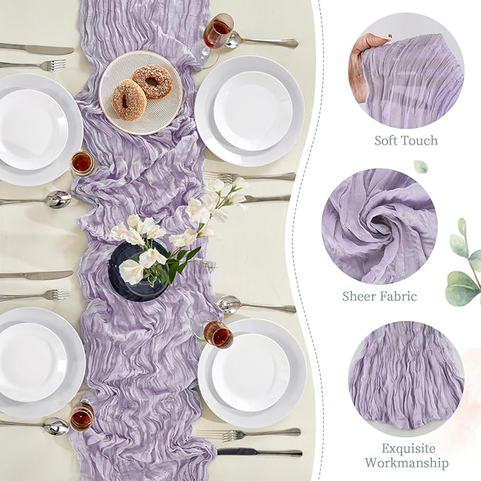 6 Pack Purple Cheesecloth Table Runner 10FT Long Boho Gauze Table Runner Rustic Sheer Runner for Wedding Bridal Baby Shower Birthday Party Table Decor Thanksgiving Christmas Decorations