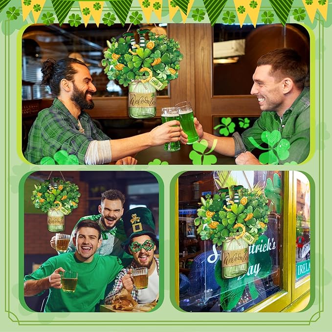 Boao Welcome St. Patrick's Day Door Hanger Shamrock Wooden Hanging Sign Lucky Irish Wood Wreath Decor for Happy St. Patrick's Day Party Front Door Wall Home Decorations