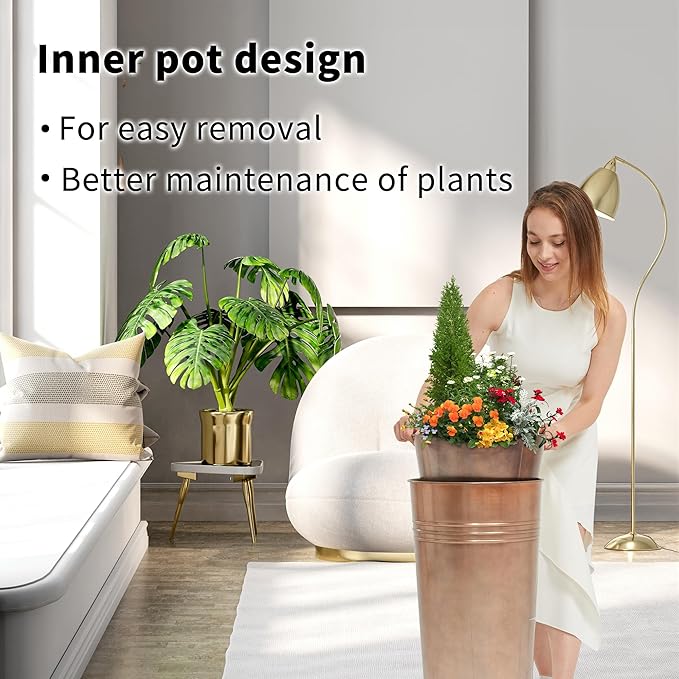 KOL 25'' Tall Galvanized Steel Planter Pot with Water Level Indicator - 2-Pack Self Watering Planters Flower Pot for Plants - Round Powder Metal Planter Box - Indoor Outdoor Grande Plant - Bronze