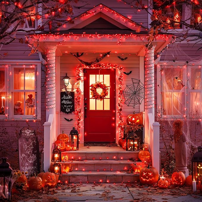 JMEXSUSS Total 200 LED Red Lights Halloween Outdoor, 2 Pack Solar Halloween Lights Outdoor Waterproof, 8 Modes Red Solar Light for Outside Christmas Tree Yard Garden Decor
