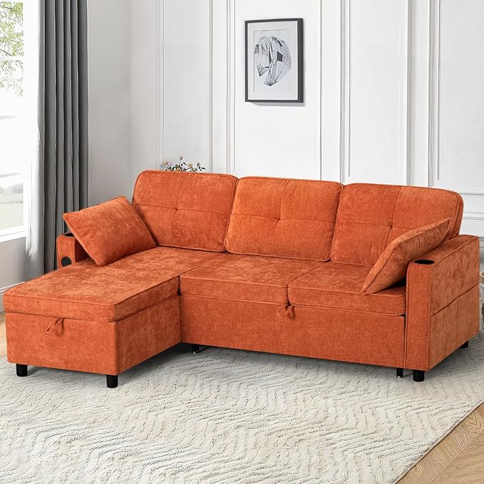 84 Inches Chenille Sectional Sofa w/Pull-Out Sofa Bed & Adjustable Back, Tufted L-Shaped Couch w/Storage Chaise, Sleeper Sectional Sofa w/USB Port & Cup Holders for Living Room, Orange