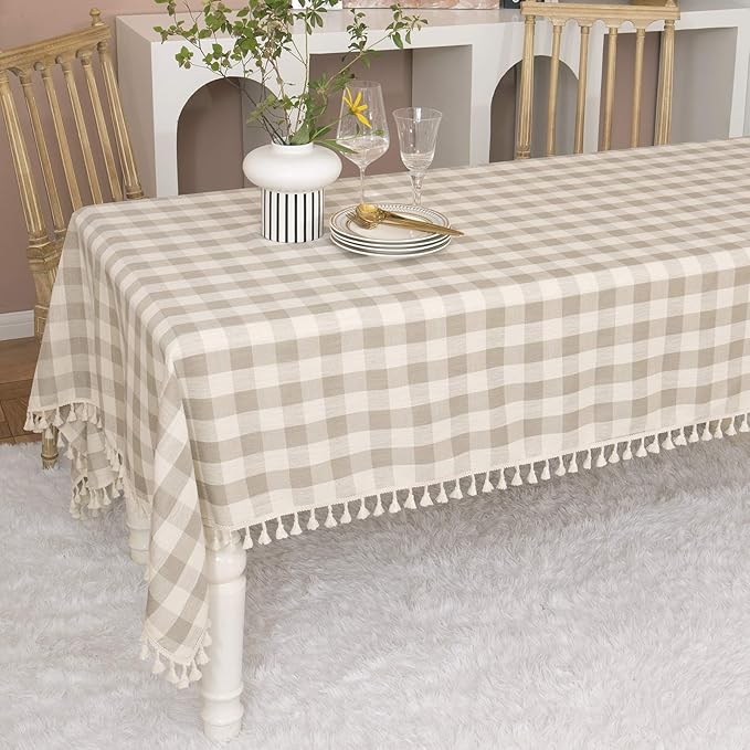 Rustic Checkered Tablecloth, Cotton Gingham Rectangle Table Cloths for Kitchen Dining Restaurant Farmhouse Thanksgiving Christmas Decor (55x84”,Gray Khaki)