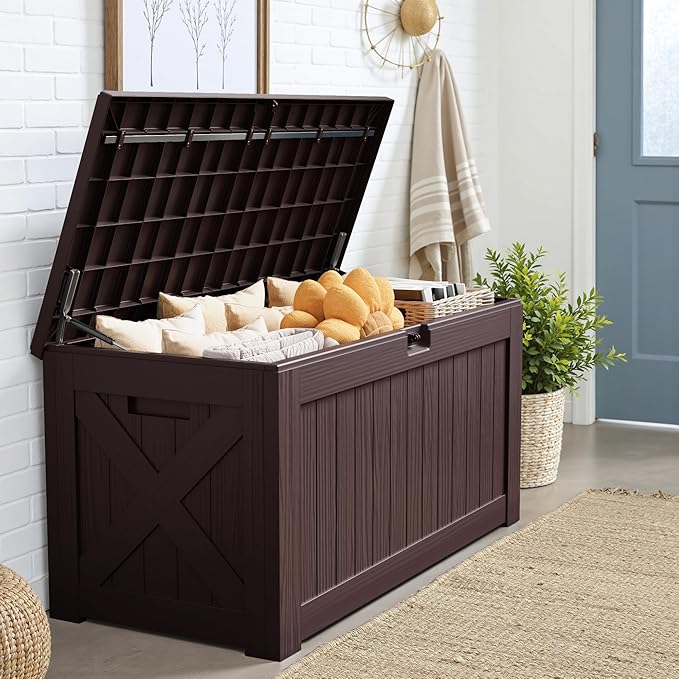 JUMMICO 120 Gallon Resin Deck Box, Large Outdoor Storage Box Waterproof & Lockable for Garden, Patio, Pools (Deep Brown)
