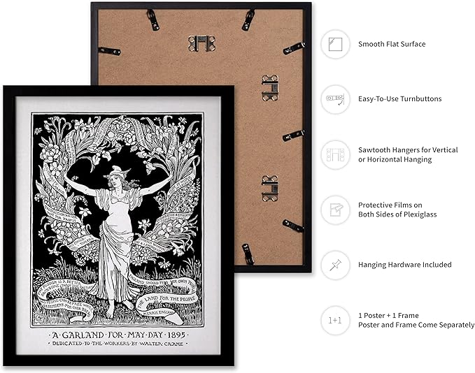 Poster Master Vintage Walter Crane Poster - Retro A Garland for May Day Print - Socialist Art - Gift for Him, Her, Men, Women - Wall Decor for Home, Office, Living Room, 8x10 Black Framed
