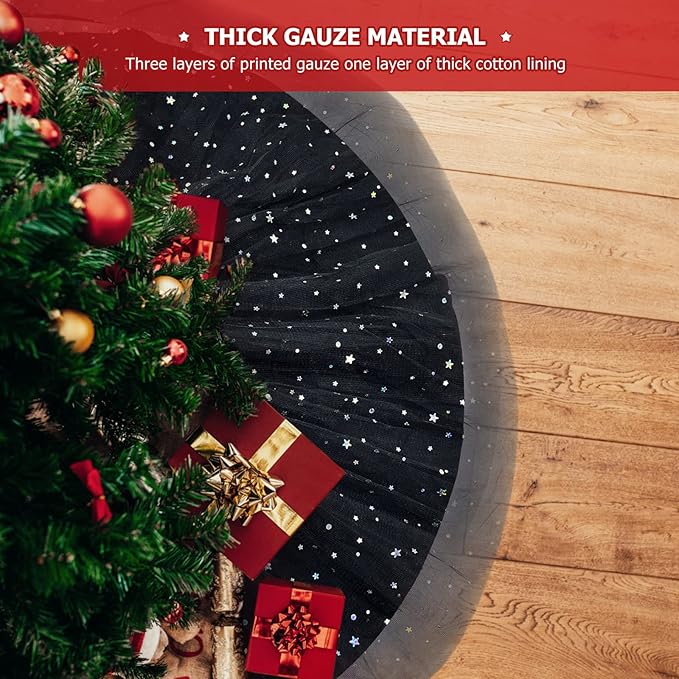 Christmas Wedding Tree Skirt,45 inch 4-Layer Fluffy Romantic Pleated Sparkly Halloween Skirt Decoration Xmas Tree Ornament for Holiday and Party(Black)