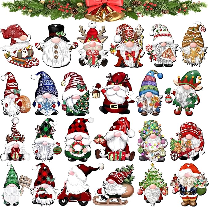 24 Wooden Gnome Ornaments for Christmas Tree, Party Decorating Supplies