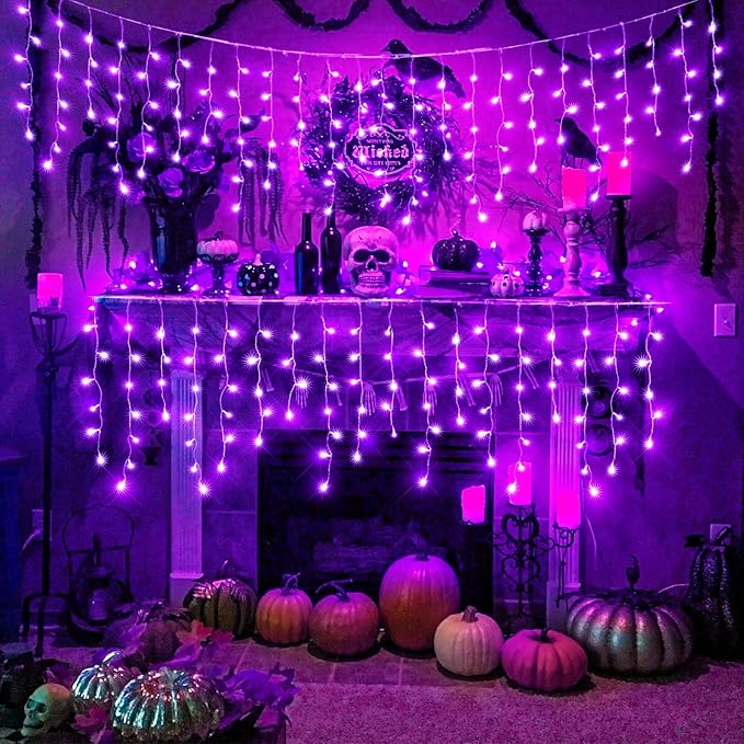 Halloween Lights Outdoor, 33FT 400 LED Purple Icicle Lights for Outside with Waterproof 8 Modes, Plug in Connectable Curtain Twinkle Light for Indoor Bedroom Patio Yard Party Holiday Decorations