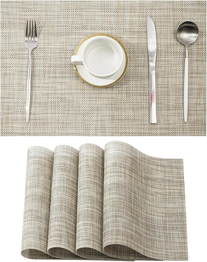 Leetaltree Linen Yellow Placemats Set of 4 - Heat Resistant Non-Slip Place mats for Dining Table, Washable Durable PVC Vinyl Woven Table Mats（Linen Yellow, 4）