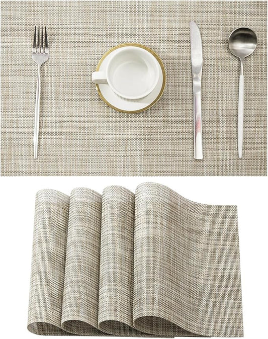 Leetaltree Linen Yellow Placemats Set of 4 - Heat Resistant Non-Slip Place mats for Dining Table, Washable Durable PVC Vinyl Woven Table Mats（Linen Yellow, 4）