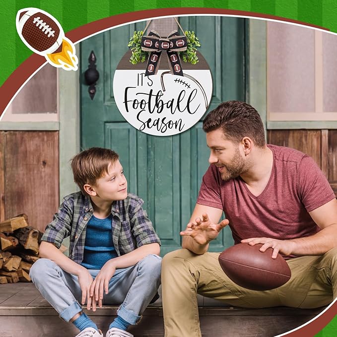 Hello Fall Football Sign for Front Door Thanksgiving Wooden Hanging Sign Fall Welcome Wreaths with Bow Turkey Farmhouse Wall Decoration for Home Autumn Harvest Front Porch Decor(Season)