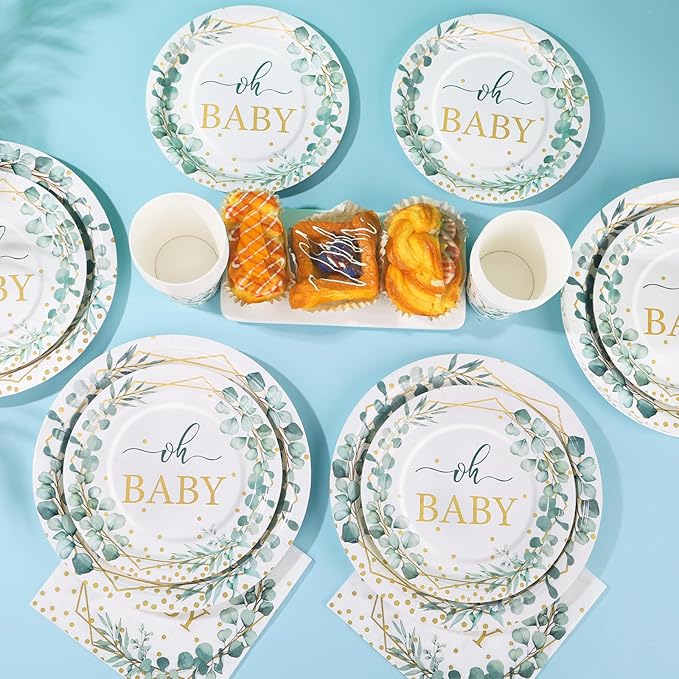 168 PCS Sage Green Baby Shower Decorations Neutral, Baby Shower Plates and Cups and Napkins Sets Serves 24, Oh Baby Plates for Boy, Gender Reveal, Green and Gold Plant Eucalyptus Boho