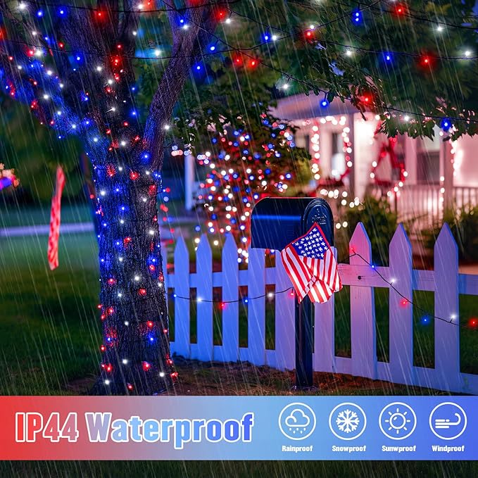 JMEXSUSS 2 Pack Red White and Blue Solar Lights 100LED 33ft Patriot Solar String Lights Waterproof, 8 Modes 4th of July Lights for Independence Day, Gardens, Tree, Outdoor 4th of July Decorations