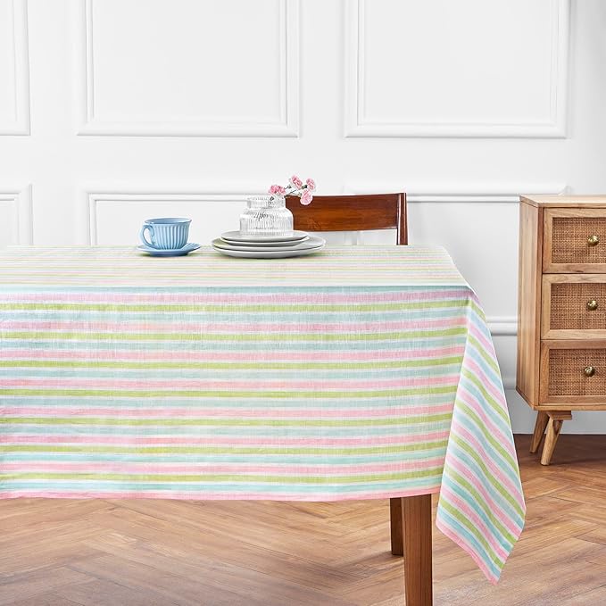 Solino Home Linen Striped Tablecloth 60 x 120 Inch - 100% Pure Linen Multicolor Palm Beach Stripe Table Cloth for Rectangle Tables - Machine Washable Tablecloth
