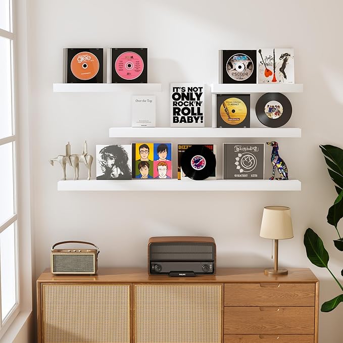 White Floating Wood Shelves for Wall 48 Inch, 8 in Deep Pine Shelf Floating Home Decor, Heavy Duty Shelf Hold 100 lbs, Wall Shelves for Bathroom Living Room Kitchen Bedroom Office Book, Set of 2