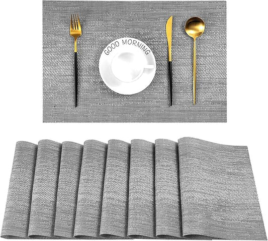 Leetaltree Grey Placemats, Heat Resistant Non-Slip Place mats for Dining Table, Washable Durable PVC Vinyl Woven Table Mats (Set of 8)