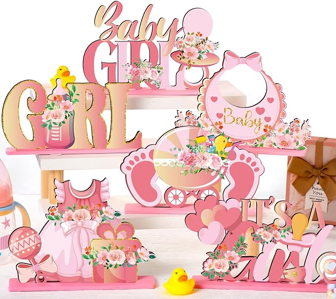 6pcs Pink Baby Shower Decorations Wooden Centerpieces for Girls Floral It's a Girl Gender Reveal Table Centerpiece Party Supplies Baby Girl Pregnancy Announcement Table Topper