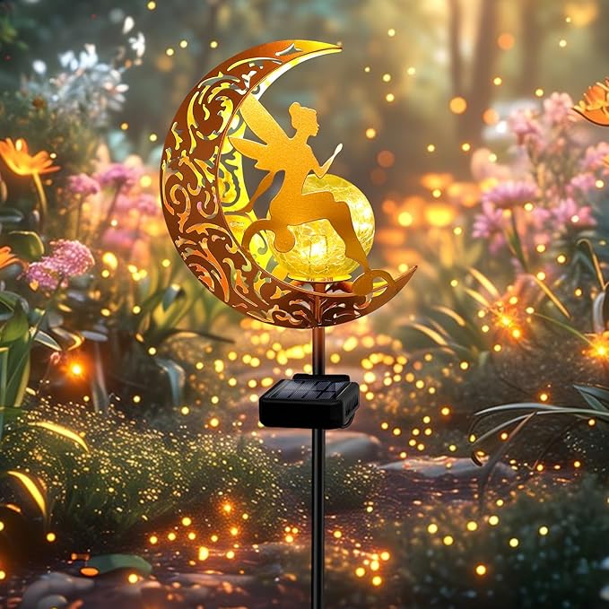 YJFWAL Garden Solar Lights Pathway Stake Lights Moon Fairy Glass Globe with Angel Decor, Gifts for Mom Grandma Friends, Outdoor Decor Light Waterproof for Walkway, Yard, Patio or Garden (Warm White)