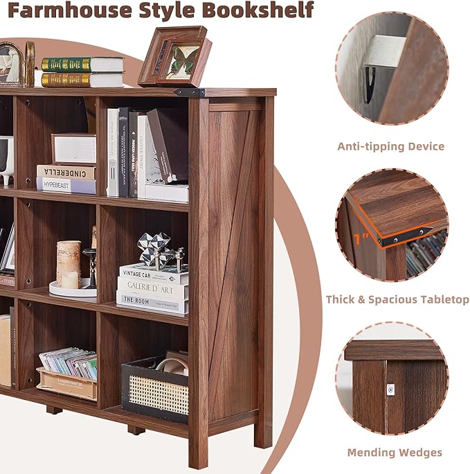 9 Cube Bookcase, Farmhouse 47 Inch Wide Brown Walnut Bookshelf, Wooden 3 Tier Display Large Open Book Shelf, Vintage Horizontal Book Case for Home Office, Cubby Storage Cabinet for Living Room