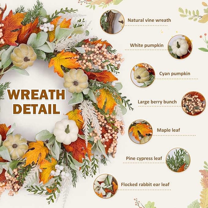 GENMOUS 24inch Fall Wreaths for Front Door, Maple Leaves Autumn Wreath Eucalyptus Berries Pumpkins Lamb Ears Leaves, Porch Wall, Home Outdoor Indoor Thanksgiving Halloween Harvest Holiday Fall Decor