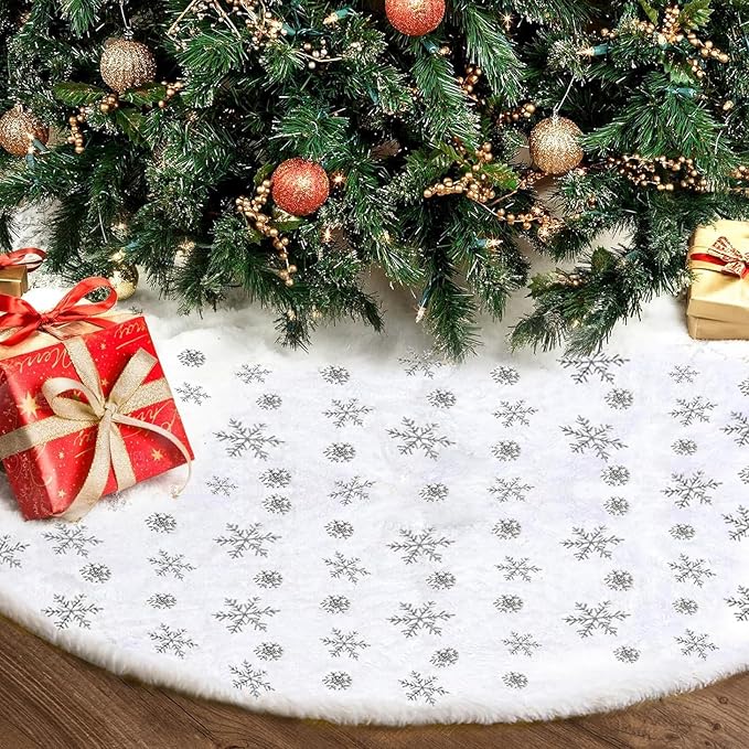 36inch White Christmas Tree Skirt Tree Carpet Blanket, Soft 3ft Xmas Christmas Tree Blanket with Silver Snowflake White Faux Fur Carpet for Christmas Holidays Decoration Party