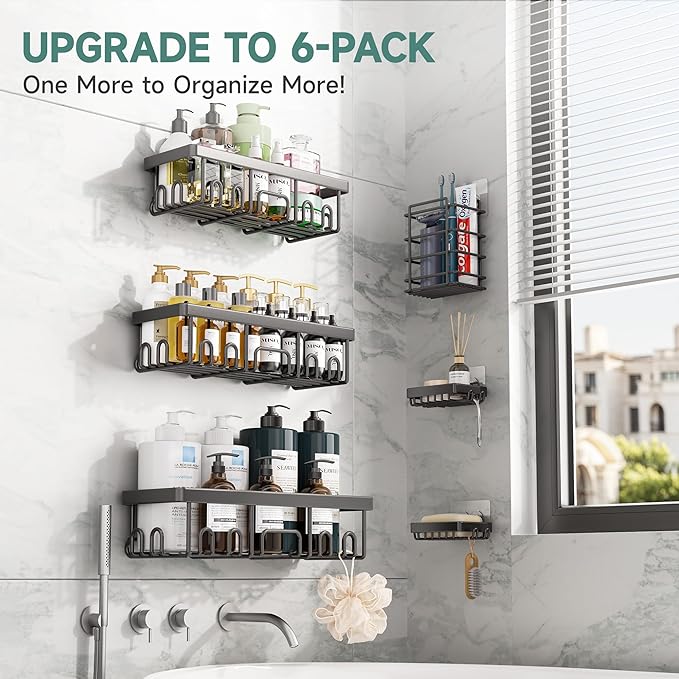 Veken Rustproof & Waterproof Shower Caddy 6-Pack, No Drilling Adhesive Shelves Rack with Soap Holder, Large Capacity Bathroom Organizers and Storage, Wall-Mounted Kitchen & Home Decor