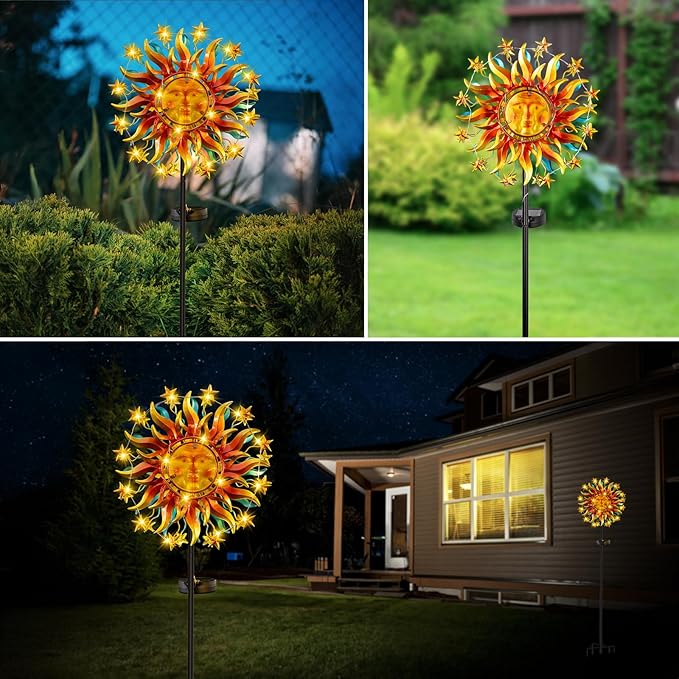 Solar Wind Spinner Metal Sun Decor, Wind Sculptures & Spinners 60.3 in Garden Kinetic Art with Solar Powered Vine String Shining LED Lights for Outdoor Garden Lawn Yard