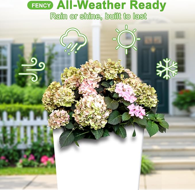 FENCY Set of 2 Tall Planters for Outdoor Plants, 24 Inch Large Tapered Pots with Drainage Trays, Weather-Resistant Plastic Plant Containers for Patio, Porch, Garden, Front Door Decor,White