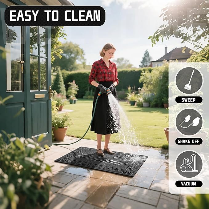 Yimobra Welcome Mat, Heavy Duty Sturdy Door Mats for Home Entrance Outdoor Indoor, Front Doormat for Outside Patio Floor Entry Porch Garage Office, Waterproof, Low Profile, 60 x 36, Black Grey