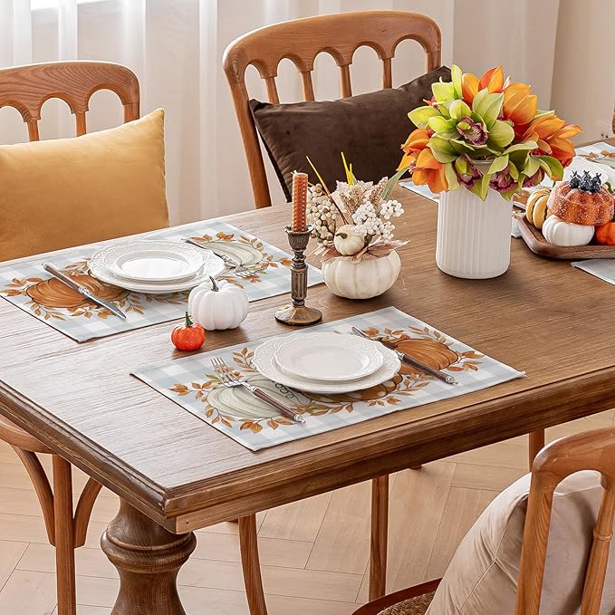 Romanstile Fall Placemats Set of 4-12 X 18 Inch - Thanksgiving Autumn Harvest Pumpkin Buffalo Plaid Place Mats, Stain Resistant Wipeable Table Mats for Party/Dining/Holiday- Grey Blue Checkered