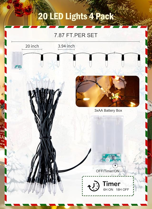 Battery Operated Christmas String Lights, 8ft 20 LED Mini Lights with Timer, Christmas Tree Lights for Indoor Outdoor Bedroom Wedding Party Holiday Xmas Decoration，Warm White（4 Pack）