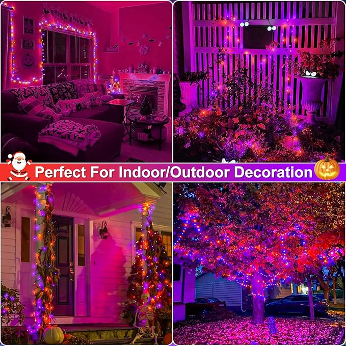 Purple Orange Halloween Lights Outdoor, 66FT 200 LED String Lights for Outside with 8 Modes Waterproof, Plug in Twinkle Tree Light Green Wire for Indoor Bedroom Garden Patio Party Decorations